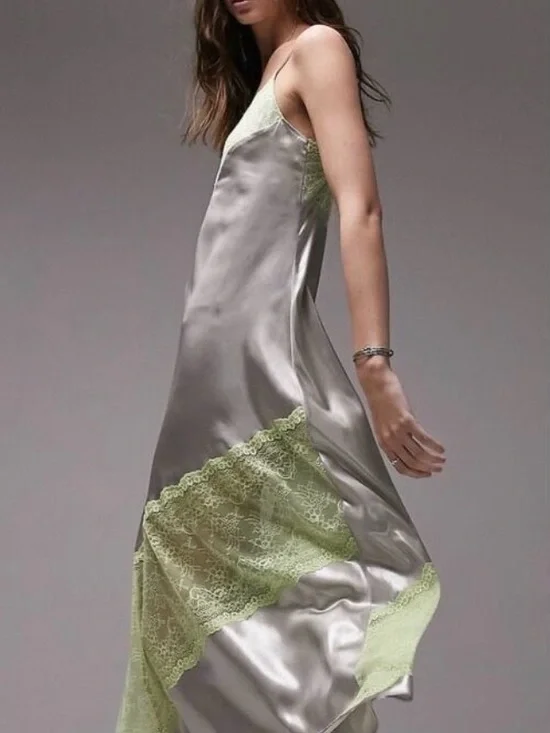 Topshop Silver Slip Dress with Lime Lace Trim - Picture 3 of 10